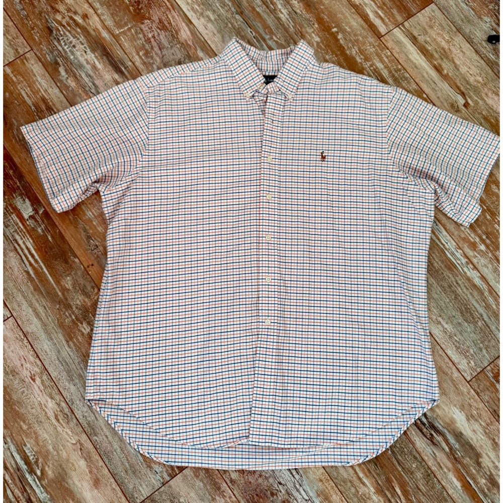Ralph Lauren Mens XXL Classic Fit Short Sleeve Tattersall Check Shirt Orange